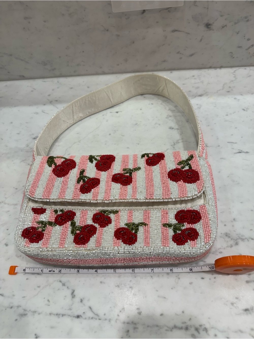 🍒Handcrafted in India Viral Beaded Cherry Shoulder Bag Cherries Pink Striped - Picture 3 of 13